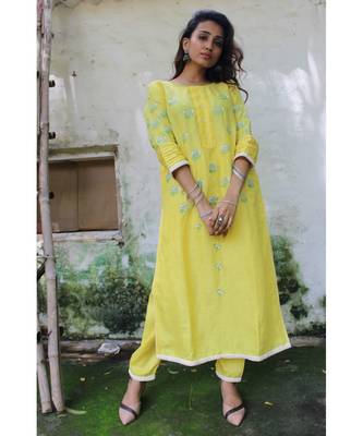 Yellow linen embroidered stitched   kurta &   bottom 1