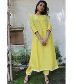 Yellow linen embroidered stitched   kurta &   bottom
