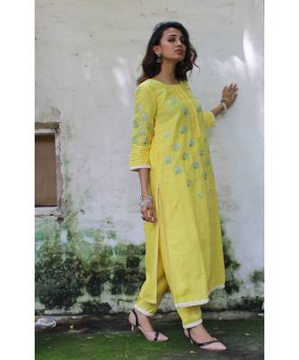 Yellow linen embroidered stitched   kurta &   bottom 2