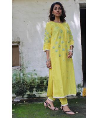 Yellow linen embroidered stitched   kurta &   bottom 3
