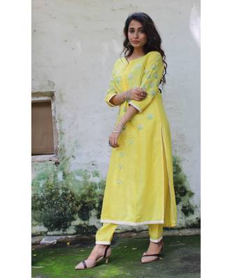 Yellow linen embroidered stitched   kurta &   bottom 4