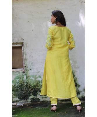 Yellow linen embroidered stitched   kurta &   bottom 5
