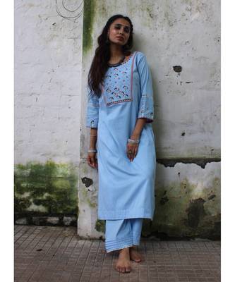 blue linen embroidered stitched   kurta &   bottom 1