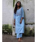 blue linen embroidered stitched   kurta &   bottom