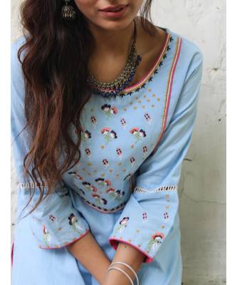 blue linen embroidered stitched   kurta &   bottom 4