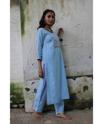 blue linen embroidered stitched   kurta &   bottom 5