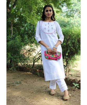 WHite linen embroidered stitched   kurta &   pant 1
