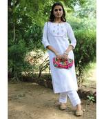 WHite linen embroidered stitched   kurta &   pant