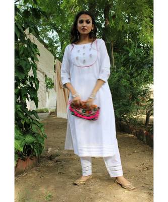 WHite linen embroidered stitched   kurta &   pant 2