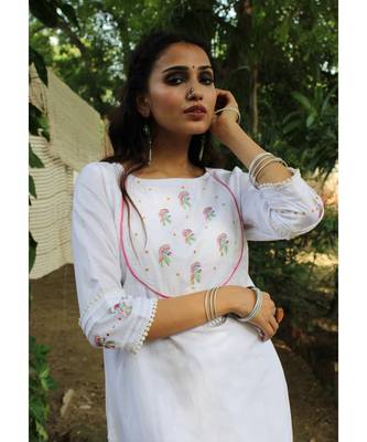 WHite linen embroidered stitched   kurta &   pant 3