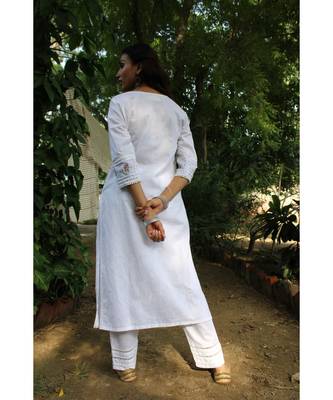 WHite linen embroidered stitched   kurta &   pant 5