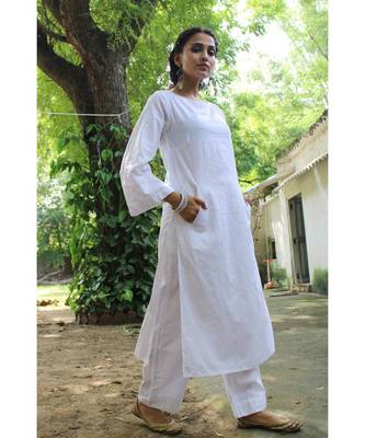 WHIte linen plain stitched   kurta &   bottom 1