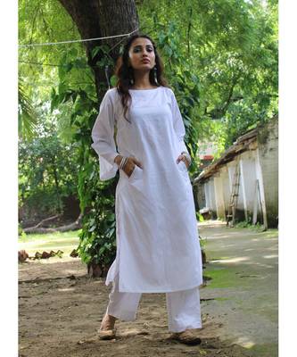 WHIte linen plain stitched   kurta &   bottom 5