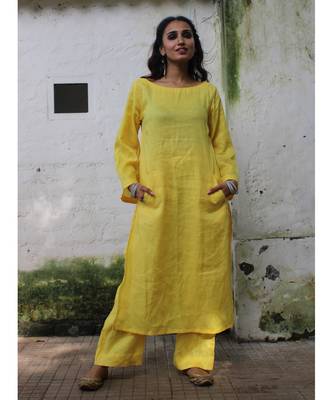 Yellow linen plain stitched   kurta &   bottom 1