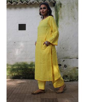 Yellow linen plain stitched   kurta &   bottom 2