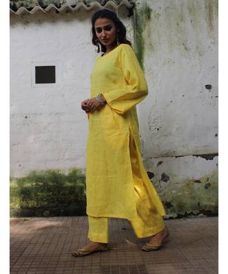 Yellow linen plain stitched   kurta &   bottom 3