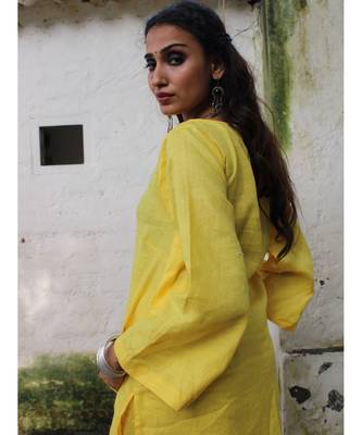 Yellow linen plain stitched   kurta &   bottom 4