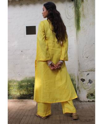 Yellow linen plain stitched   kurta &   bottom 5