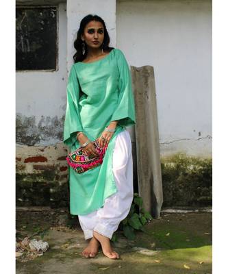 Green linen plain stitched   kurta &   bottom 1