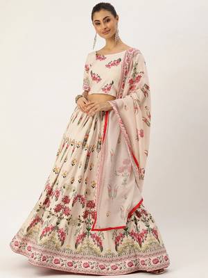 Cream Color Floral Designed Printed Lehenga Choli With Dupatta 1