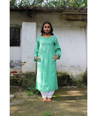 Green linen plain stitched   kurta &   bottom 2