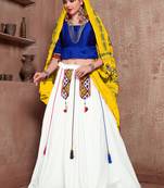 White And Yellow Gujarati Gamthi Hand Embroidered Cotton Semi Stitched Navratri Lehenga