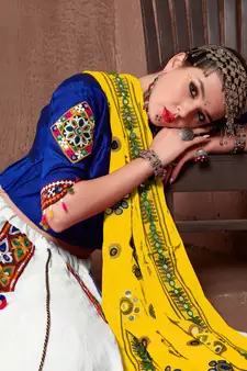 White And Yellow Gujarati Gamthi Hand Embroidered Cotton Semi Stitched Navratri Lehenga