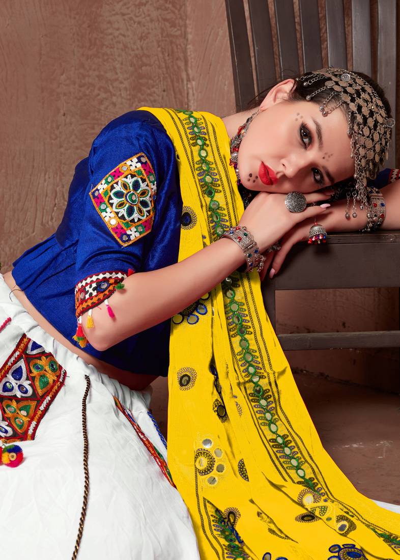 White And Yellow Gujarati Gamthi Hand Embroidered Cotton Semi Stitched Navratri Lehenga