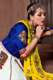 White And Yellow Gujarati Gamthi Hand Embroidered Cotton Semi Stitched Navratri Lehenga