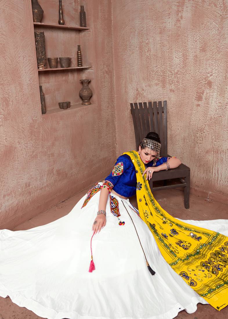 White And Yellow Gujarati Gamthi Hand Embroidered Cotton Semi Stitched Navratri Lehenga