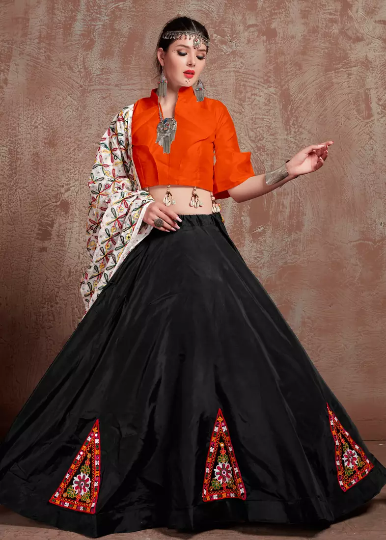 Black gujarati gamthi hand embroidered taffeta silk navratri lehenga indian collection