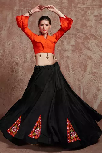 Black Gujarati Gamthi Hand Embroidered Taffeta Silk Navratri Lehenga Indian Collection