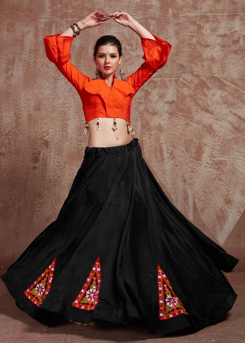 Black Gujarati Gamthi Hand Embroidered Taffeta Silk Navratri Lehenga Indian Collection