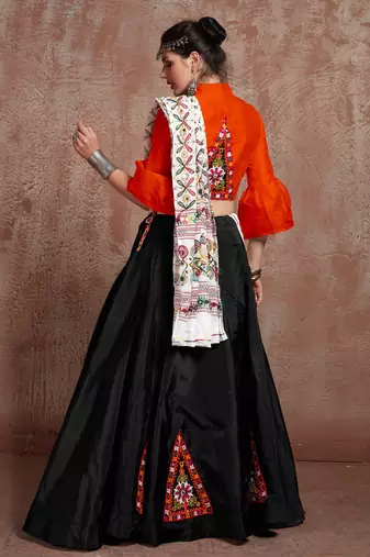 Black Gujarati Gamthi Hand Embroidered Taffeta Silk Navratri Lehenga Indian Collection