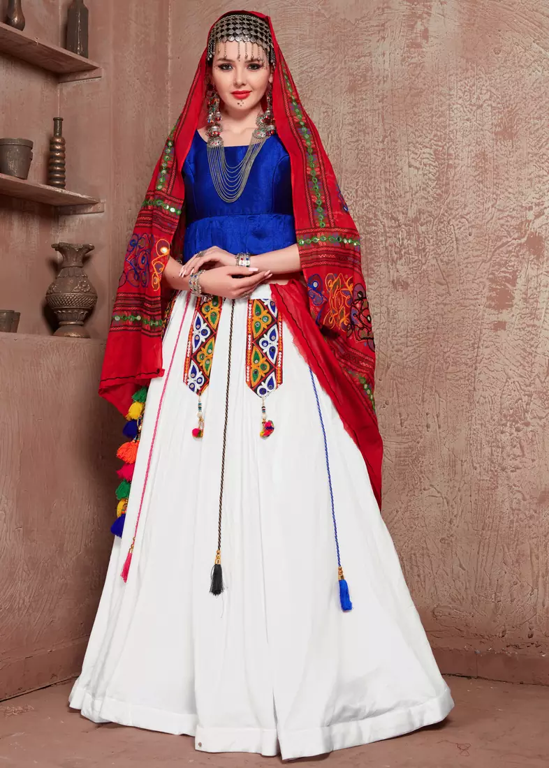 white, blue and red Gujarati Gamthi Hand Embroidered Cotton Semi Stitched Navratri Lehenga