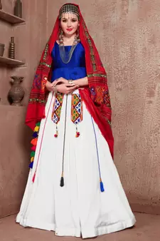 White, blue and red gujarati gamthi hand embroidered cotton semi stitched navratri lehenga