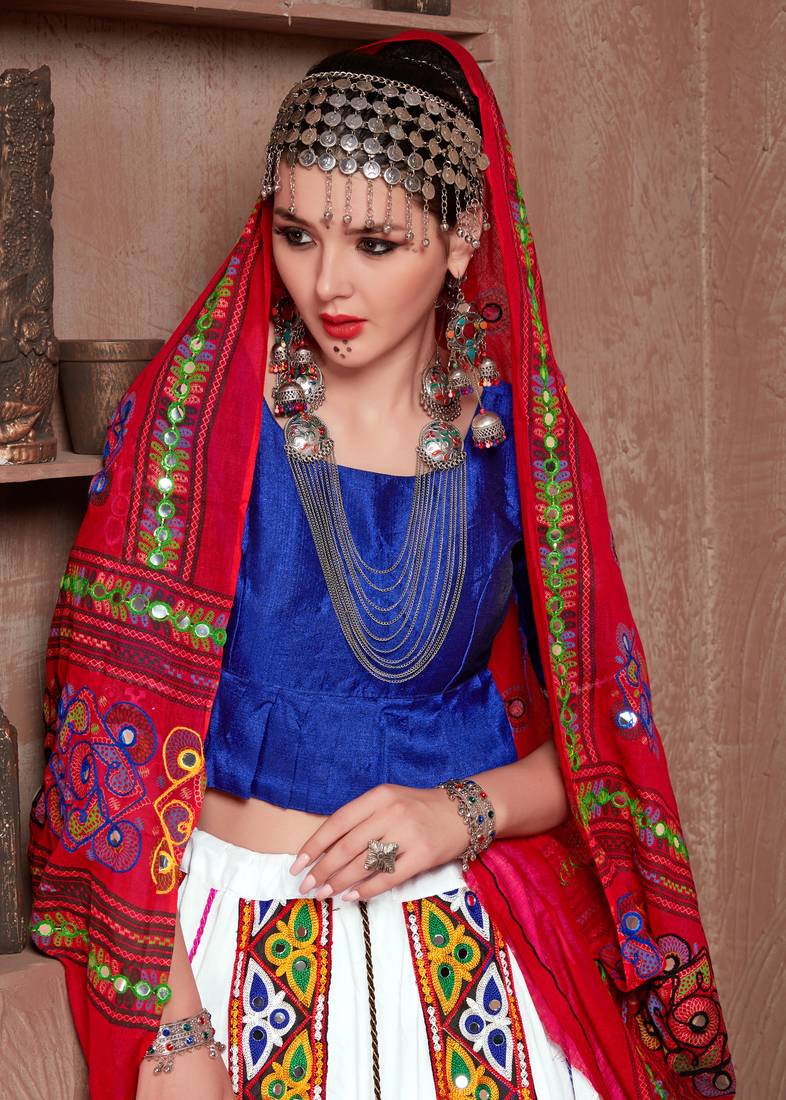 White, blue and red gujarati gamthi hand embroidered cotton semi stitched navratri lehenga