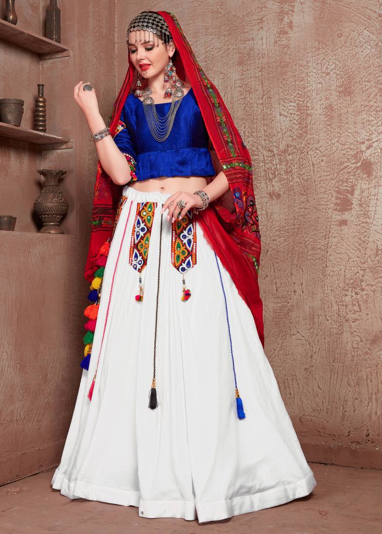 White, blue and red gujarati gamthi hand embroidered cotton semi stitched navratri lehenga