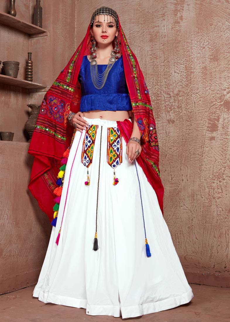 White, blue and red gujarati gamthi hand embroidered cotton semi stitched navratri lehenga