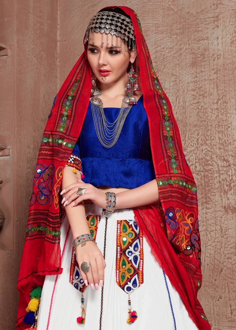 White, blue and red gujarati gamthi hand embroidered cotton semi stitched navratri lehenga