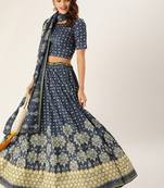 Navy Blue Color Floral Designed Printed Lehenga Choli With Dupatta