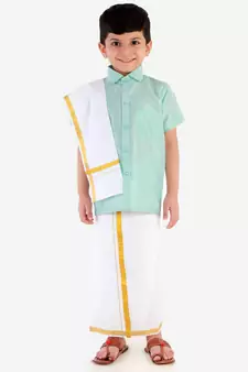 Boys Aqua Silk Blend Ethnic Shirt