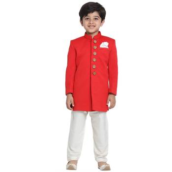  Red Cotton Blend Indowestern Sherwani And Churidar Set 1