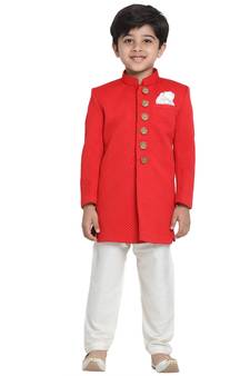 Boys Red Cotton Blend Indowestern Sherwani And Churidar Set