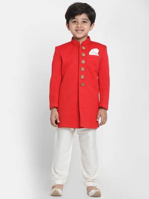  Red Cotton Blend Indowestern Sherwani And Churidar Set 2