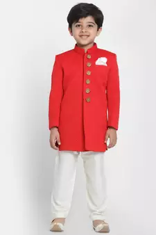  Red Cotton Blend Indowestern Sherwani And Churidar Set