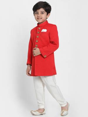  Red Cotton Blend Indowestern Sherwani And Churidar Set 3