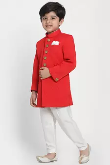  Red Cotton Blend Indowestern Sherwani And Churidar Set