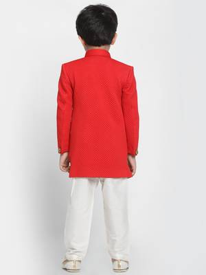  Red Cotton Blend Indowestern Sherwani And Churidar Set 5