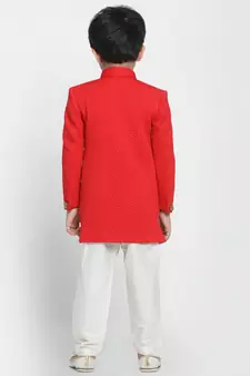  Red Cotton Blend Indowestern Sherwani And Churidar Set